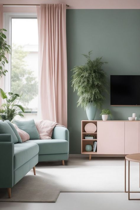 Create a minimalist living room oasis with muted pastel furniture, greenery, and ample storage. This space is perfect for relaxing and unwinding. The soft pink and blue colors create a calming and inviting atmosphere, while the plants add a touch of life and freshness. The storage keeps everything organized and out of sight, so you can focus on enjoying your space. Pastel Living Room Decor, Olive Walls, Navy Blue And Grey Living Room, Pastel Colors Living Room, Blue Grey Living Room, Pastel Interior Design, Blue And Green Living Room, Blue Walls Living Room, Living Room Color Combination