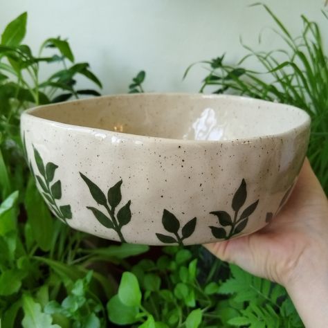 Large botanical bowl that was made from white speckled stoneware. This is one of a kind  handmade piece that I formed by hand and painted leaves and sprouts by using green underglaze. On the inside I used green colored porcelain to paint one branch in the center. Covered with clear glaze and fired to 1220 degrees Celsius. The bottom of this bowl has no foot ring, it`s flat and was left unglazed. The size is approximately 18.5 cm or 7.28 inches in diameter, the bowl depth is about 6.5 cm or 2.65 Glazing Ideas For Pottery Bowls, Fruit Pottery Painting Ideas, Painting Bowls Ideas, Painted Bowl Ideas, Hand Painted Bowls Ideas, Pottery Underglaze Ideas, Ceramics Glaze Ideas, Underglaze Painting On Pottery, Pottery Painting Ideas Bowls