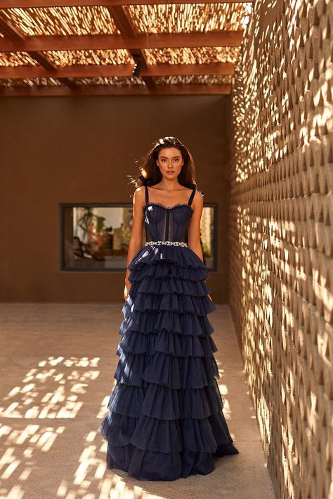 Navy__Romantic Frill-Layered Tulle Dress Milla Layered Tulle Dress, Milla Dresses, Layered Gown, Empire Waist Tops, Tulle Maxi Dress, Tiered Maxi Skirt, Corset Bodice, Soft Tulle, Maxi Dress Navy