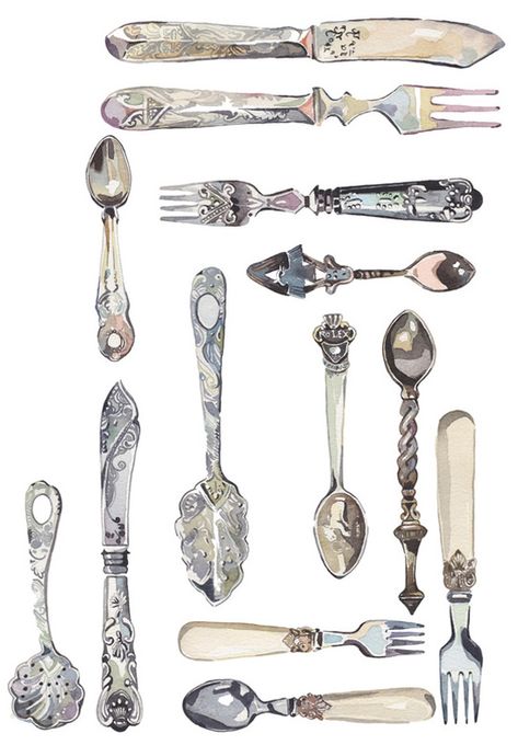 Holly Exley, Watercolor Food Illustration, Vintage Cutlery, Arte Inspo, Everyday Objects, Food Illustrations, Kitchen Art, Art Watercolor, Tag Art