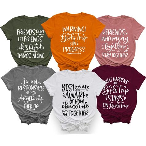 PRICES MAY VARY. "What Happens on Girls Trip Stays on Girls Trip" funny quotes shirt are perfect to wear at your best friend's, sisters' birthday party, bachelorette party, family cruise, hiking, camping, country concert. They are also great for all your family members, oldest, middle, and youngest. Wear them at airports or on cruise ships while traveling to your family vacation destination. Soft, stretch, breathable, Graphic is colorful, clear, crisp, Absolute color fastness after washing, Runs Birthday Party Shirts, School Spirit Days, Girls Weekend Shirts, Vacation Humor, Camping Shirts, Girls Trip Shirts, Funny Shirt Sayings, Cruise Shirt, Family Vacation Shirts