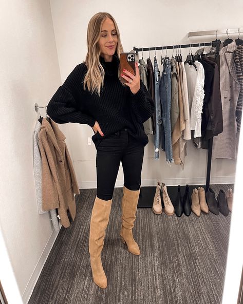 Tan Tall Boots Outfit, Camel Boots Outfit, Tan Boots Outfit, Blush Leather Jacket, Suede Boots Outfit, Tall Boots Outfit, Tan Knee High Boots, Over The Knee Boot Outfit, Outfit Beige