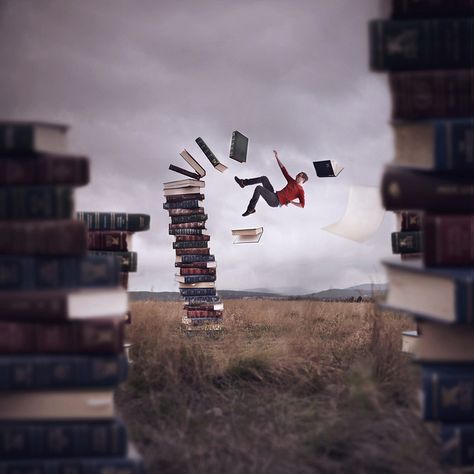 Falling Into A Good Book by Joel Robison Surreal Photography, Magazine Design Inspiration, Surrealism Photography, Conceptual Photography, Reading Quotes, I Love Books, Magazine Design, Beautiful Photography, Mind Blown