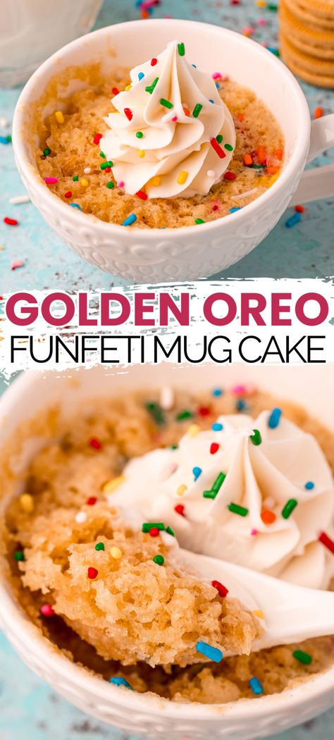 Golden Oreo Funfetti Mug Cake is a fun and delicious dessert party for one and the best part is, you get to be the boss of the sprinkles! Funfetti Mug Cake, Golden Oreo, Cake Calories, Individual Cakes, Chocolate Oreos, Dessert Party, Sprinkle Cake, Funfetti Cake, Traditional Cakes