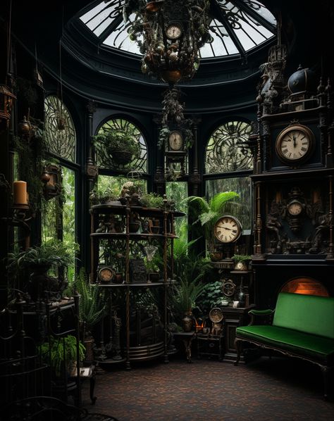 Delve into the mystical realm of a dark, green living room, where woodland goth meets fairytale enchantment. Inspired by Luke Fildes, this space exudes a festive atmosphere with wrought iron elements and botanical abundance. Atmospheric lighting casts magical shadows, creating a setting that feels like stepping into a storybook. #WoodlandGoth #FairytaleLivingRoom #BotanicalAbundance Black And Green Home Aesthetic, Goth Sunroom, Gothic Green Aesthetic, Green House Office, Green Goth Home Decor, Green Witch Living Room, Green Witch Room, Gothic Solarium, Dark Office With Plants