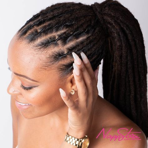 Dread Locks Styles For Ladies, Dreads With Extensions Black Women, Dreads Styles For Women Ponytail, Dreadlocks Ponytail Hairstyles, Temporary Locs Styles, Temporary Locs Extensions, Loc Ponytail Styles Dreadlocks, Loc Extensions Styles, Empress Locs