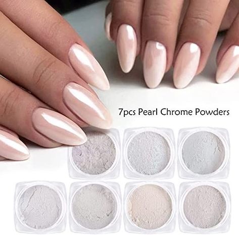 Pearl Chrome Nail, Mirror Nails Powder, Bieber Nails, Pearl Chrome, Pearl Nail Art, Nail Glitter Powder, Aurora Nails, Chrome Nail Powder, Powder Manicure