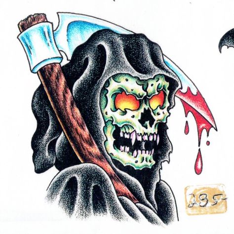 Tattoo Flash Appreciation on Instagram: “Official Tattoo Brand • Sheet 382 • 1995” Traditional Grim Reaper Tattoo Flash, Official Tattoo Brand Flash, Brand Tattoo, Abstract Tattoo Ideas, Vintage Tattoo Design, Flash Sheets, Grim Reaper Tattoo, Reaper Tattoo, Arte Punk