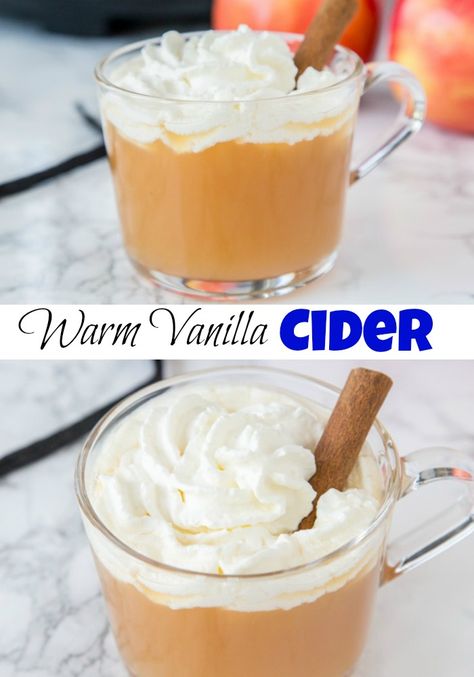 Warm Vanilla Cider - Warm up this fall with a glass of hot apple cider. Fresh vanilla bean is mixed in for a warm and delicious flavor. Topped off with homemade whipped cream for a special treat! September Drinks, November Drinks, October Drinks, Hot Fall Drinks, Crockpot Drinks, Warm Drinks Recipes, Apple Cider Drink, Fall Eats, Apple Cider Recipe