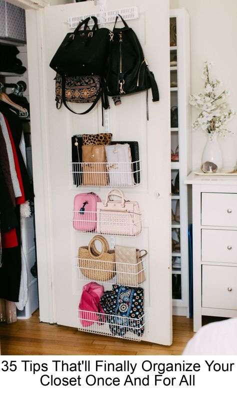 For your very own before and after. #closetstorageideas Closet Door Storage, Small Space Hacks, Small Closet Space, Small Bedroom Storage, Easy Diy Room Decor, Handbag Storage, Small Closet Organization, Bed In Closet, Tiny Bedroom