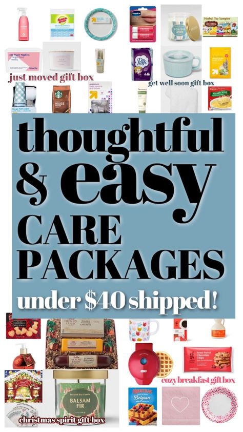 Here are a few ideas of some boxes under $40 you could put together and send through Target’s delivery service. Perfect for someone who is sick, who just moved, or who just needs a little love! Comfort Package Ideas, What To Put In A Care Package, Sick Package, Care Package For Injured Friend, Sick Day Care Package, Gifts For Sick Friends, Sick Friend Care Package, Gift Basket For Sick Friend, What To Put In A Homeless Care Package