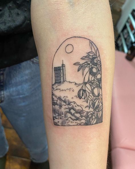 Greek Window Tattoo, Landscape Frame Tattoo, Fantasy Window Tattoo, Arched Window Tattoo, Nectarine Tattoo, Window Frame Tattoo, Square Tattoo Frame, Archway Tattoo, Landscape Tattoo Ideas