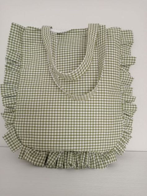 Gingham frill tote bag in lime green shade Gingham Tote Bag, Tote Bag Pattern, Cotton Bag, Daily Outfits, Bag Pattern, Shades Of Green, No Frills, Boho Shorts, Lime Green