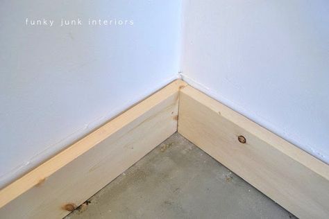 Clean simple baseboards! Perfect for board and batten later on!!!!! forget mitres! Ain't nobody got time that! ;) 1x4 Baseboard Ideas, 1x4 Crown Molding Ideas, Raw Wood Baseboards, 1x4 Crown Molding, 1x4 Baseboards, 1x4 Trim Baseboards, Cheap Trim Ideas, Cheap Crown Molding Ideas, Cheap Baseboard Ideas