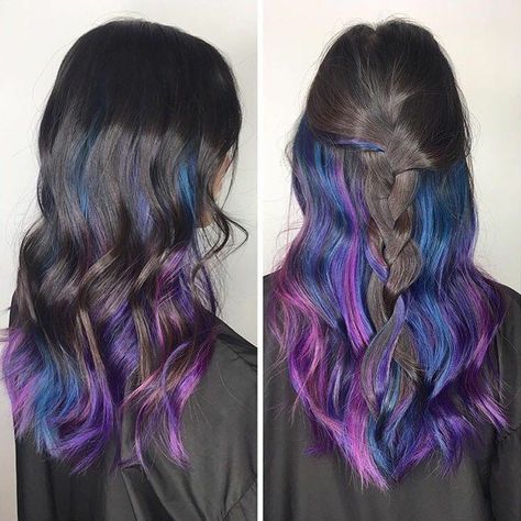 Hidden Galaxy Hair, Peekaboo Galaxy Hair, Vivid Hair Color Peekaboo, Balliage Hair, Galaxy Hair Color, Hair Underlights, Hidden Hair Color, Peekaboo Hair Colors, Underlights Hair