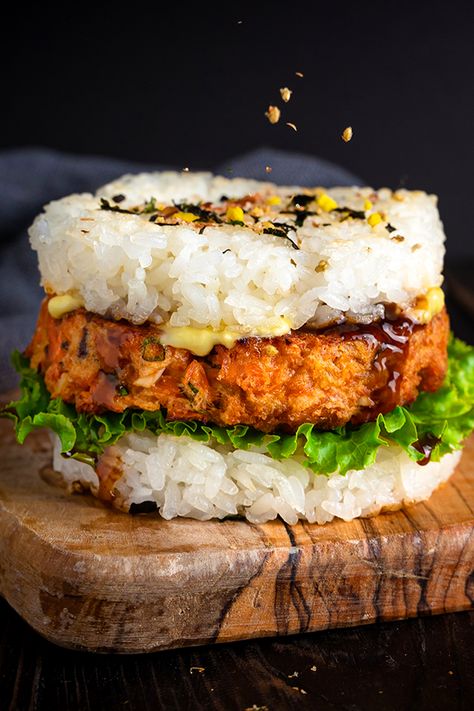 Rice Burger Recipe, Sushi Stack, Sushi Stacks, Japanese Salmon, Rice Burger, Sushi Ideas, Rice Menu, Salmon Burger Recipe, Seaweed Wrap