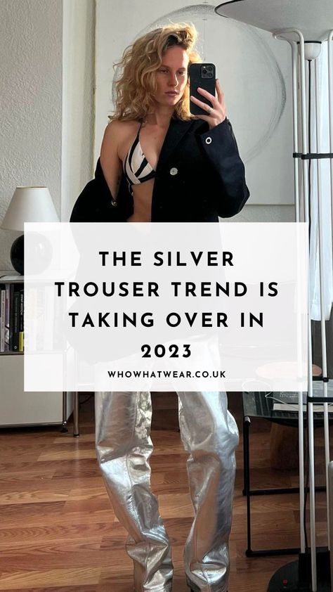 The silver trouser trend is going nowhere for autumn. Click here to see the best silver trousers available to buy now, as well as tips on how to wear them. Silver Trousers Outfits, Silver Jeans Outfit, Silver Pants Outfit, Silver Trousers, Jeans Pants Outfit, Metallic Trousers, Wide Leg Jeans Outfit, Going Nowhere, Statement Pants