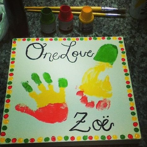 One Love Rasta Craft Cute keepsake I made using my 6 yr. old daughter's handprint and footprint. It was really fun to make! 25x25 canvas and acrylic paint. Juneteenth Toddler Crafts, Jamaica Crafts For Preschool, Juneteenth Crafts For Infants, Juneteenth Art For Toddlers, Juneteenth Activities For Toddlers, Jamaica Crafts For Kids, Juneteenth Crafts For Preschoolers, June Footprint Art, Juneteenth Art Projects For Kids