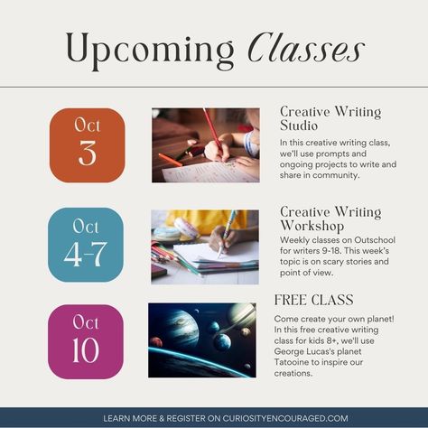 Join me this week on Creative ELA and Outschool! In October, my creative writing classes will examine mysterious, spooky, and thrilling genres. Creative Writing Workshop is a great project-style class. Students have time to write and share writing projects they are working on or start something new. My Outschool classes meet on Mondays and Fridays. This week, we'll examine point of view and how it can make spooky stories even spookier. Join me next week for my free quarterly class, Crea... Creative Writing Workshop, Writers Workshop, Writer's Workshop, Calligraphy Class Workshop, Creative Writing Classes, Spooky Stories, Writing Classes, Writing Project, Scary Stories