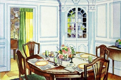 Dining room lighting & decorating advice from 1922 - Click Americana 1929 Home Decor Interior Design, 1920 Dining Room, 1930s Dining Room, 1940s Dining Room, 1920s Dining Room, Dining Room Drawing, Montreal Apartment, Antique Dining Room Furniture, 1940s Interior