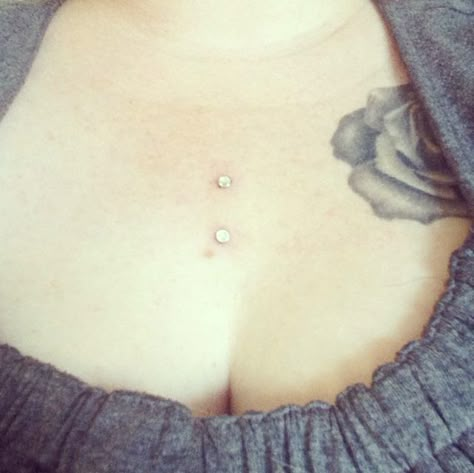 Chest dermal piercings Double Chest Dermal Piercing, Chest Dermal Piercing, Chest Dermal, Dermal Piercings, Piercing Inspo, Dermal Piercing, Senior Year, Tattoos And Piercings, Earings Piercings