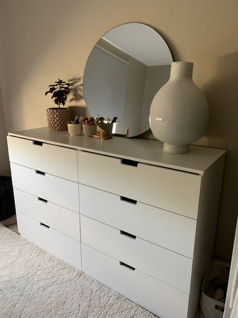 Long Drawers Bedroom, Nordli 8 Drawer Dresser, Draws In Bedroom, Nordli Dresser Bedroom, Nordli Ikea Bedroom, Dresser Ideas Aesthetic, Comode Bedroom Modern, Dresser Next To Bed, Small Bedroom Dresser Ideas