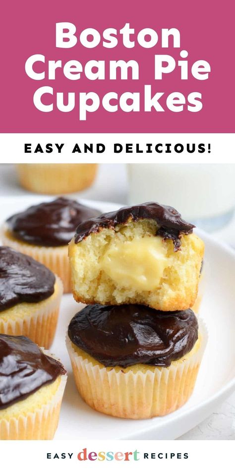 Make these Boston Cream Pie Cupcakes for a delicious treat! Soft vanilla cupcakes filled with sweet pastry cream and topped with chocolate ganache frosting, perfect for any occasion. Pop over to my site for this easy dessert recipe! Easy Desserts For A Crowd Cheap, Fall Desserts Thanksgiving, Cream Pie Cupcakes, Boston Cream Pie Cupcakes, Cupcakes Easy, Cupcakes Filled, Chocolate Ganache Frosting, Pie Cupcakes, Ganache Frosting