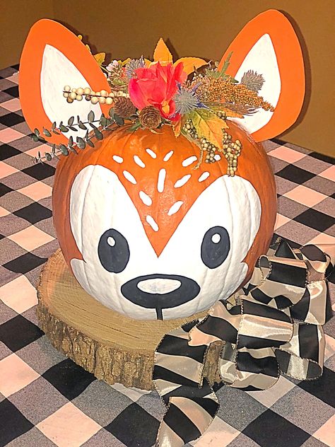 Bambi Pumpkin, Flat Pumpkin Painting Ideas, Deer Pumpkin Decorating, Deer Painted Pumpkin, Deer Pumpkin Painting, Farm Animal Pumpkins Painting, Painted Fox Pumpkin, Pumpkin Painting Ideas Farm Animals, Animal Painted Pumpkins