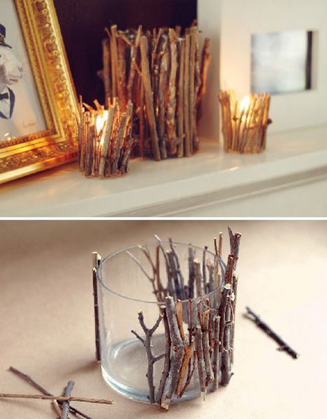 Living Room Christmas Decorations- would like to do for those used Yankee Candle jars....perfect reuse and recycle Twig Candle Holder, Lilin Aroma, Kerajinan Diy, Eco Crafts, Diy Jul, Astuces Diy, Dekor Diy, Diy Casa, Christmas Decorations Living Room