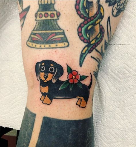 Traditional Weenie Dog Tattoo, American Traditional Labrador Tattoo, Traditional Heart Name Tattoo, American Traditional Dachshund Tattoo, American Traditional Chihuahua Tattoo, American Traditional Pet Tattoo, Traditional Style Dog Tattoo, Dog American Traditional Tattoo, Traditional Dachshund Tattoo