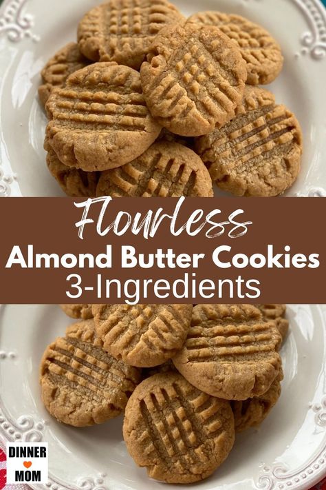 With just 3-Ingredients, Flourless Almond Butter Cookies are almost too good to be true! It's a dairy-free, low-sugar recipe that's ready in 20 minutes. The whole family will love gluten-free almond butter cookies as a snack or after dinner treat. Learn how to make this easy 3-ingredient almond butter cookie recipe and get more easy, healthy recipes at Dinner-Mom.com 3 Ingredient Almond Butter Cookies, No Bake Cookies With Almond Butter, Easy Almond Butter Cookies, Ways To Use Almond Butter, Gluten Free Almond Butter Cookies, Almond Butter Dessert, How To Make Almond Butter, Recipes With Almond Butter, Almond Butter Recipe Snacks