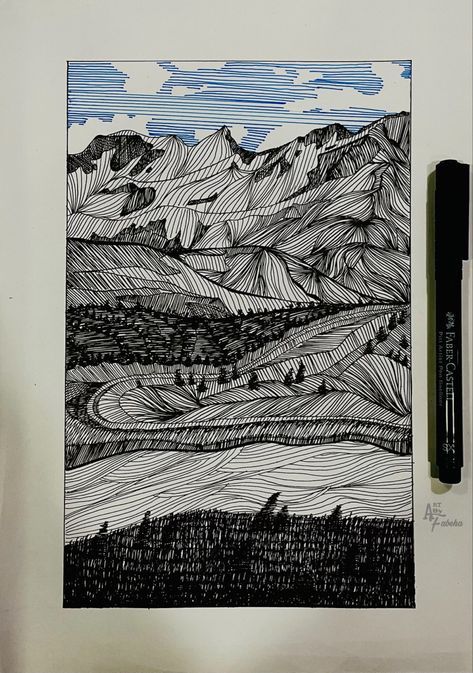 Sketch Ideas Scenery, Doodle Art Landscape, Sketch Pen Art Colour, Scenery Doodle, Sketch Pen Art, Micron Art, Mood Drawing, Random Sketch Ideas, Fineliner Art