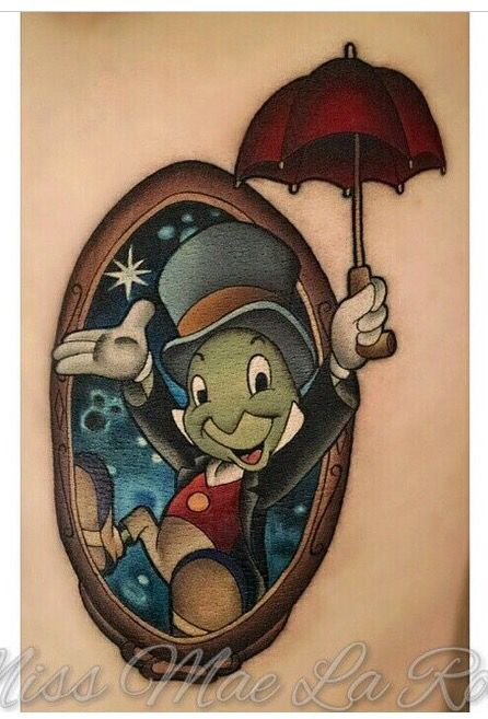 Jiminy Cricket Tattoo, Jiminy Cricket Quotes, Pinocchio Tattoo, Cricket Tattoo, Disney Sleeve Tattoos, Character Tattoos, Disney Sleeve, Jiminy Cricket, Disney Tattoo