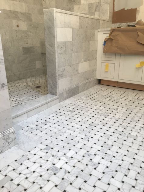 Mosaic Tile Floor Bathroom, Small Baths, Bathroom Restoration, Dc Apartment, Materials Board, Marble Bathroom Floor, Bathroom Tile Inspiration, Tiny Bath, School Bathroom