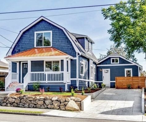 Like this garage and the blue paint with copper roof!!! Blue House Copper Roof, Blue And Copper House Exterior, Copper Roof House Exterior Colors, Navy Blue House Exterior, Copper Roof House, Patio Covering, Navy Blue Houses, Copper Awning, Blue Bungalow