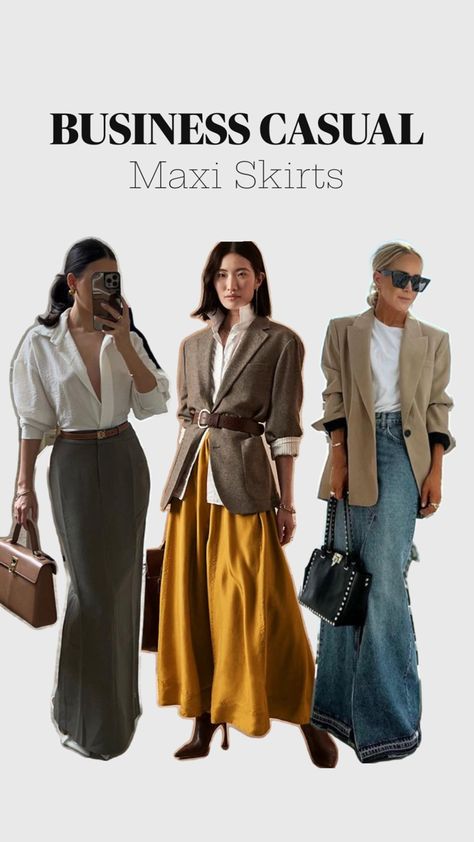 Three gorgeous business casual looks using blazers and maxi skirts. #outfitideas Skirt Blazer Outfit, Maxi Skirt Blazer, Business Casual Outfit Ideas, Business Casual Looks, Business Casual Outfit, Casual Outfit Ideas, Blazer Outfit, Maxi Skirts, Casual Outfit