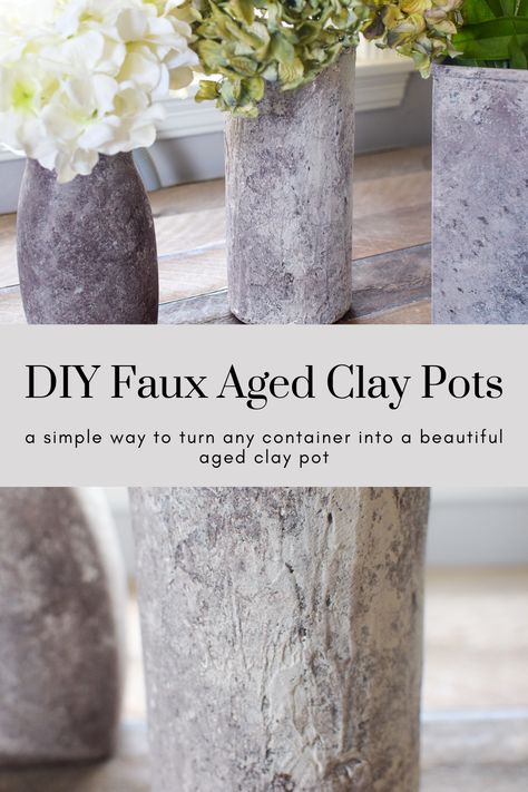 Sharing a fun DIY for Faux Aged Clay Pots that you can use any glass container to make these very real looking stone or clay finished vases, or pots for your home. It is a great way to repurpose or use items from the thrift store or your home to create a lovely faux aged clay pot for your home. Sharing 2 ways to get the look in this DIY tutorial. Glass Jar Diy, Stone Spray Paint, Spray Chalk, Diy Will, Old World Home, Earthy Aesthetic, Old Vases, Chalk Paint Colors, Drop Cloth Curtains