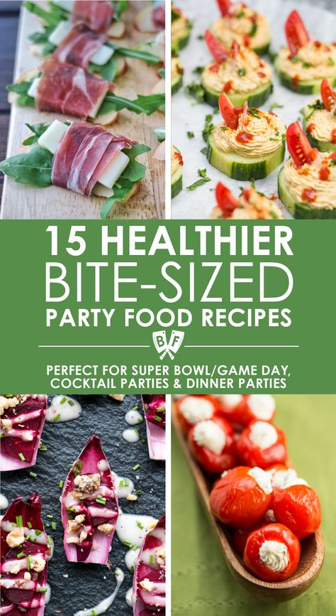 Dinner party appetizers don't have to kill your healthy-eating mojo! This list of 15 healthier bite-sized party food recipes will leave you satisfied without feeling like you over-indulged. Perfect for Super Bowl Sunday, game day, holiday meals, or cocktail parties. Healthy Superbowl Appetizers, Party Food Recipes, Dinner Party Appetizers, Appetizers Healthy, Healthy Superbowl, Healthy Party Food, Cocktail Party Food, Bowl Party Food, Superbowl Appetizers