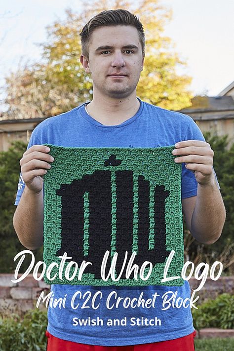 The Doctor is in! Crochet the ultimate Doctor Who Afghan. This unique blanket features: sonic screwdrivers, the TARDIS, a Weeping Angel, a Cyberman, a Dalek, bowties, sonic sunglasses, the Doctor Who logo, and many iconic phrases. Allons-y! FREE downloadable graphs. Dr Who Crochet Patterns Free, Crochet Tardis, Doctor Who Crochet, Doctor Who Logo, Doctor Who Craft, Unique Blankets, C2c Crochet, Crochet Blocks, Nerd Love