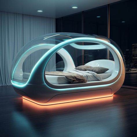 A glowing futuristic space age bed concept at Lilyvolt com Coolest Beds, Fun Beds, Deer Themed Nursery, Futuristic Bedroom Ideas, Nursery Earthy, Futuristic Bed, Cool Beds For Teens, Futuristic Home Design, Weird Beds