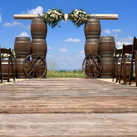 Arch Ways, Outdoor Tiki Bar, Wine Barrel Ideas, Wood Walkway, Wild West Theme, Barrel Projects, Wedding Entrance Decor, Beer Hall, Entrance Way