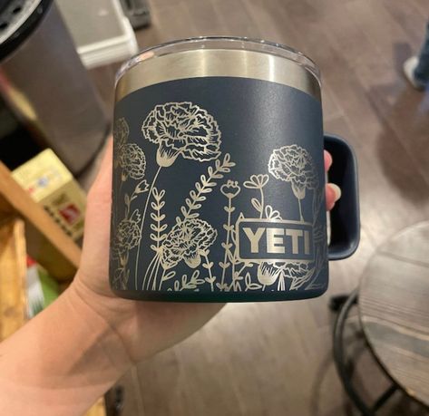 14oz - Carnation Wrap laser engraved on a Yeti mug, with magslide lid. by ShakyTs on Etsy Yeti Mug, Engraved Yeti Tumbler, Customized Tumblers, Engraved Yeti, Yeti Stickers, Yeti Tumbler, Alien Art, Cherished Memories, Unique Items