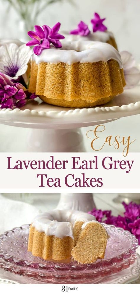 Treat yourself to Lavender Earl Grey Tea Cakes that combine floral and citrus notes in a soft, tender mini bundt cake dessert you'll love! Cute Baking Recipes, Fancy Pastries, Theme Engagement Party, Lavender Earl Grey, Birthday Party Surprise, Lavender Ideas, English Tea Time, Birthday Gala, Tea Party Desserts