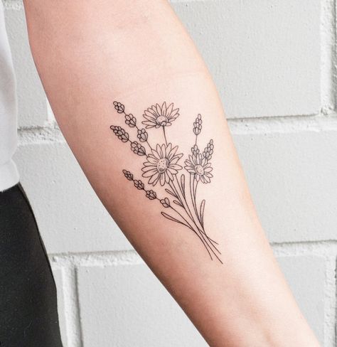 Daisy And Lilac Tattoo, Daisy Stem Tattoo, Bundle Of Daisies Tattoo, Line Work Daisy Tattoo, Three Daisies Tattoo, Daisy Tattoo Designs Vintage, Brooke Tattoo, Gerber Daisy Tattoo, Gerbera Daisy Tattoo