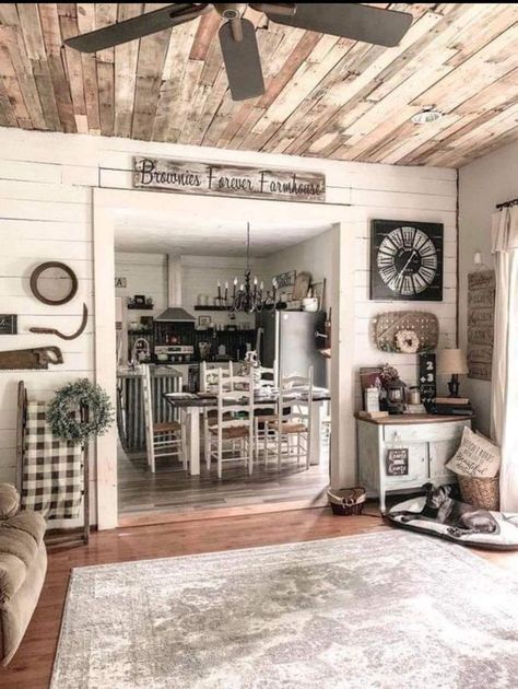 Farmhouse Den Family Rooms, Old Farmhouse Remodel Interior, Small Farmhouse Remodel, Rustic Farmhouse Remodel, Old Mobile Home Remodel, Old Farmhouse Remodel, Old Farmhouse Interior, Shiplap Living Room, Single Wide Remodel