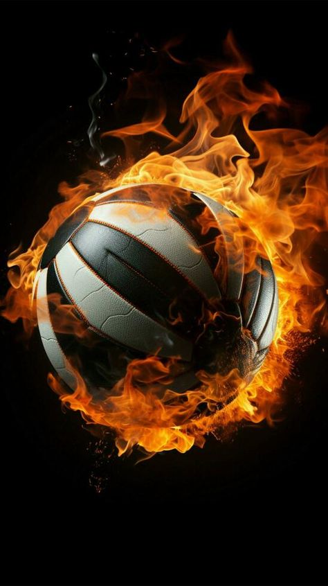 A volleyball engulfed in flames stands out against a black background Vertical Mobile Wallpaper AI Generated Volleyball Wallpapers, Volleyball Backgrounds, Volleyball Wallpaper, Volleyball Photos, In Flames, Tree Saw, Cityscape Photos, Logo Banners, Nature Backgrounds