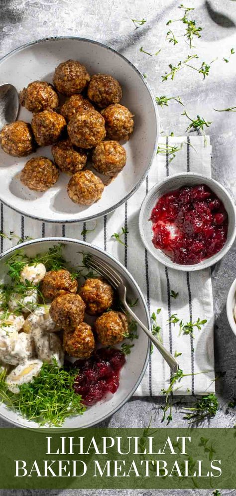 Lihapullat in a serving bowl along with a plate of meatballs and potato salad. Finnish Cuisine, Lingonberry Jam, Nordic Diet, Food For Dinner, Finnish Recipes, Baked Meatballs, Meatball Bake, Big Bowl, European Food