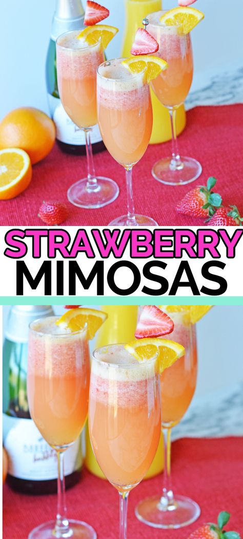 Combine fresh fruit and orange juice paired with bubbly champagne to create the best brunch cocktail. Save this easy strawberry mimosa recipe! #Mimosas #StrawberryMimosas #BrunchDrinks #Brunch #Cocktail Easter Mimosa Recipe, Momosa Mimosa Recipe, Fruity Mimosa Recipe, Summer Mimosa Recipe, Strawberry Mimosa Recipe, Strawberry Cream Mimosa, Best Champagne For Mimosas Brunch, Easy Frosty Strawberry Mimosas, Strawberry Mimosa Recipe Champagne