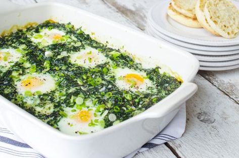 This recipe is for Baked Eggs Florentine from the food section of The Boston Globe. Eggs Florentine, Brunch Eggs, Wilted Spinach, Brunch Dishes, Creamy Spinach, Creamed Spinach, Baked Eggs, Breakfast Brunch Recipes, Breakfast Casserole