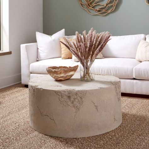 The Formation Coffee Table in Roman Stone by Phillips Collection has the appearance of a real round stone slab that gives a rugged impression. Western Living Room Decor, Backyard Entertainment, Western Living Room, Dc Apartment, Industrial Diy, Condo Interior, Outdoor Stone, Stone Coffee Table, Coffee Table Ideas